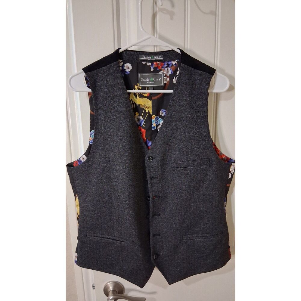 Paisley & Gray Men’s Size L Slim Fit Gray Herringbone Vest Floral Crane Lining